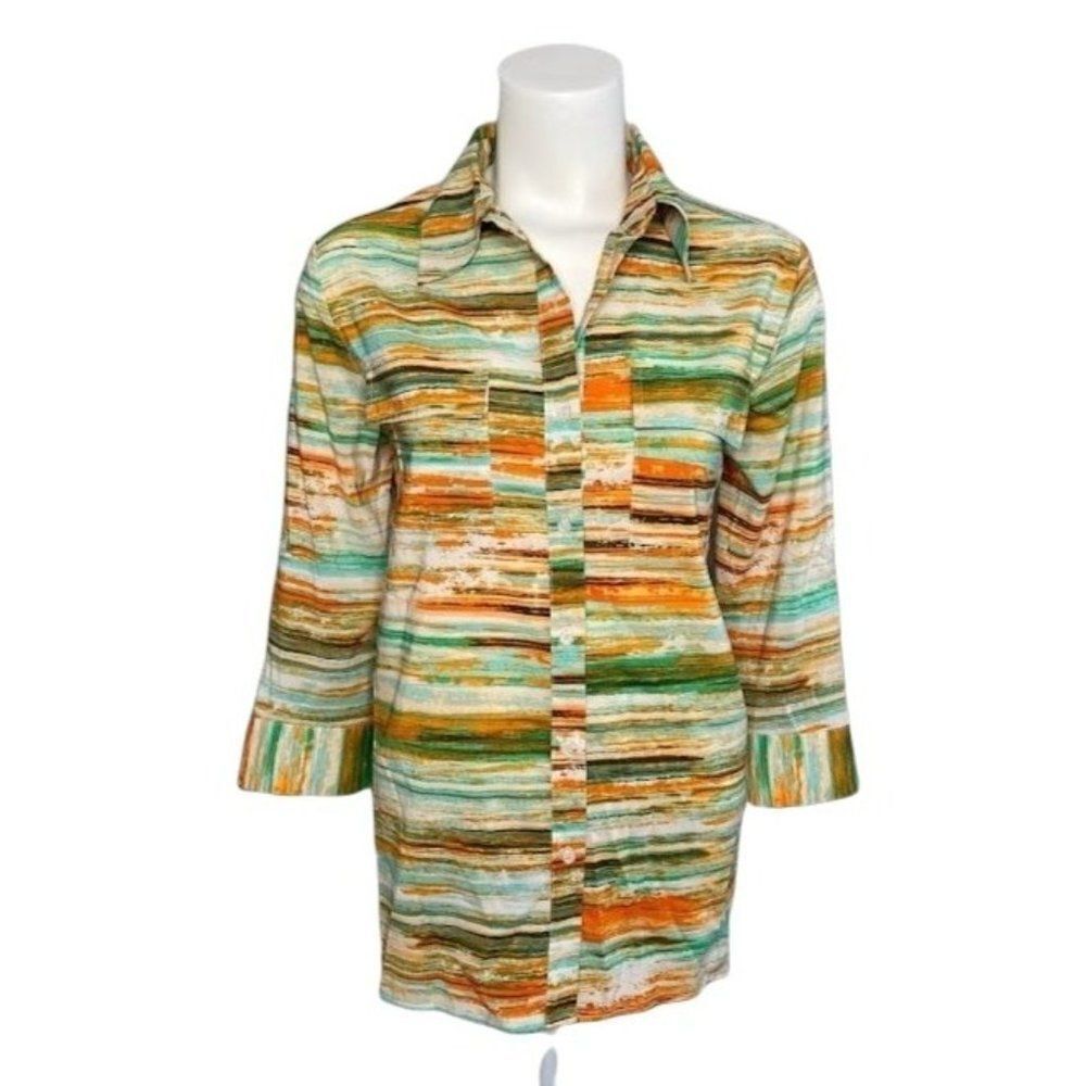 Nue Options Button‎ Down Shirt Roll Tab Green Orange Medium